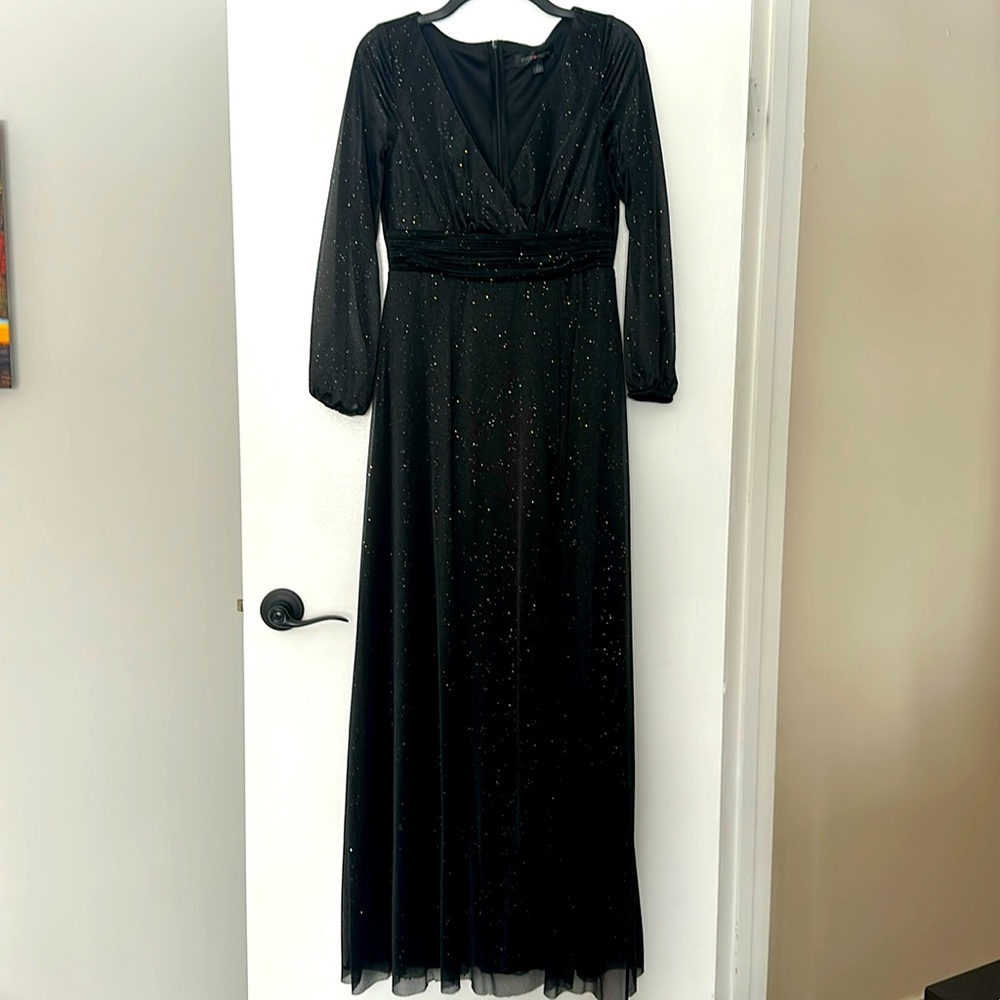Black sparkly a-line formal maxi dress with sheer sleeves.